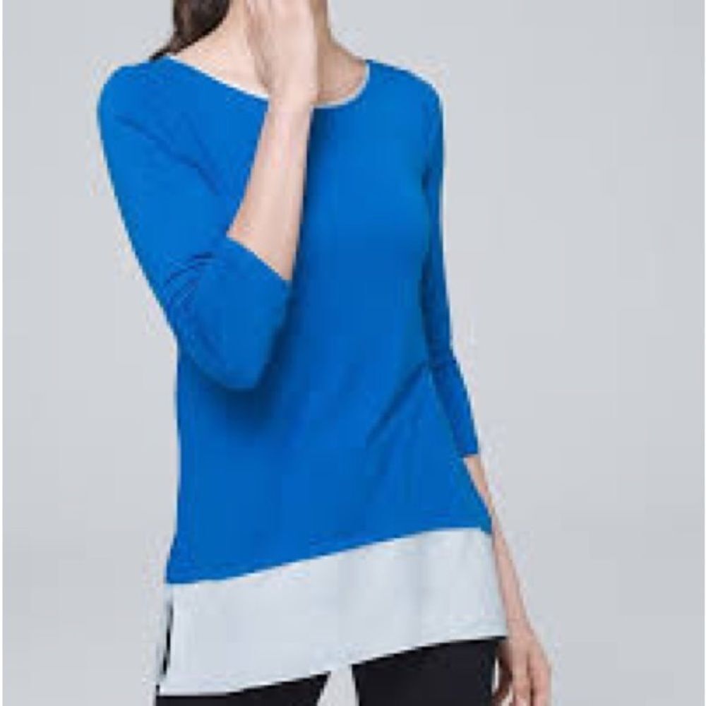 White House Black Market WHBM Woven Hem Tunic Tee Blue Skyline Blouse Top XS